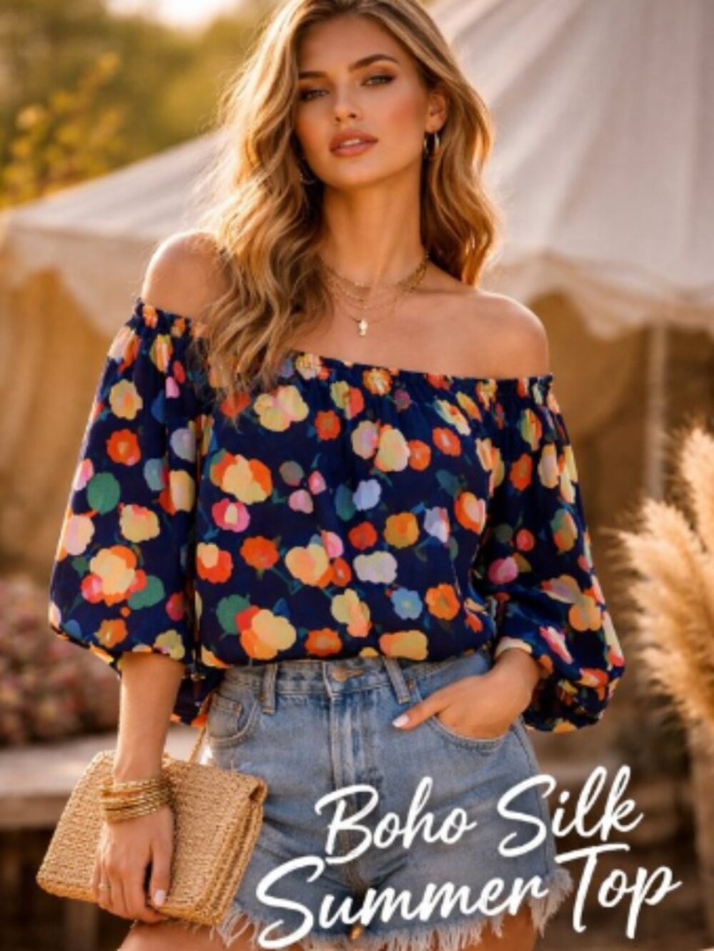 Tucker 100% Silk Floral Off Shoulder Blouse XS Boho Summer Festival Top - Picture 6 of 9